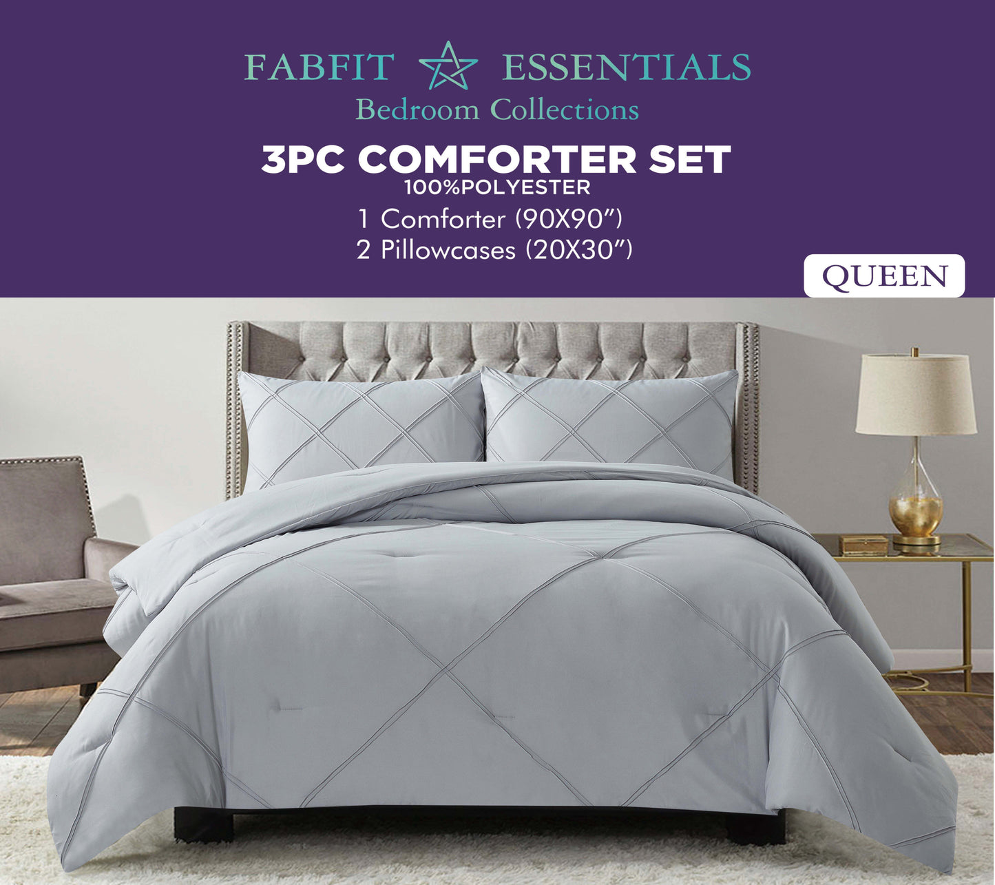 Gray 3 Pieces Soft All Season Luxury Solid Color Microfiber Comforter Set.